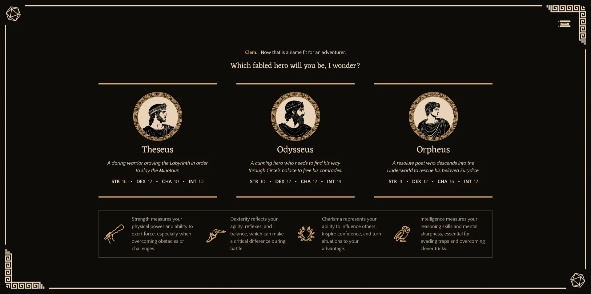 Character screen